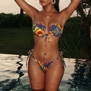 Multicolor Printed Tie-Front Bandeau Bikini - Women Swim